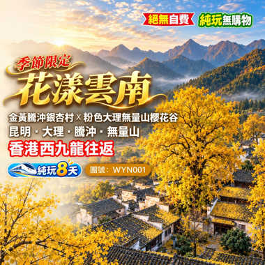 花漾雲南｜金黃騰沖銀杏村x無量山櫻花谷 昆明｜大理｜騰沖｜無量山 香港西九龍往返 純玩8天